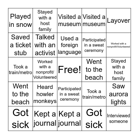 Journeys BINGO Card