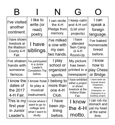 Junior Leader's 4-H Ice Breaker Bingo Card