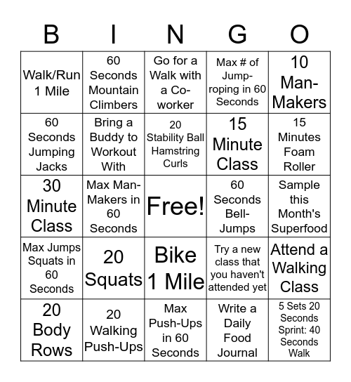 April Fitness Bingo Card