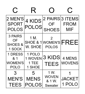 Holy Week CROC Bingo Card