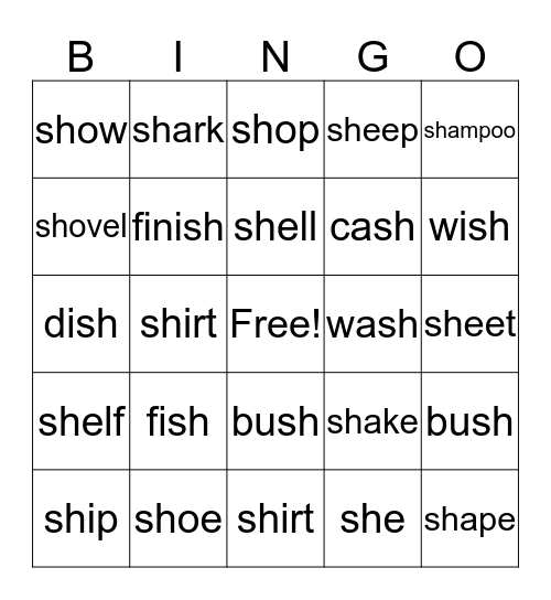 "Sh" Sounds Bingo Card