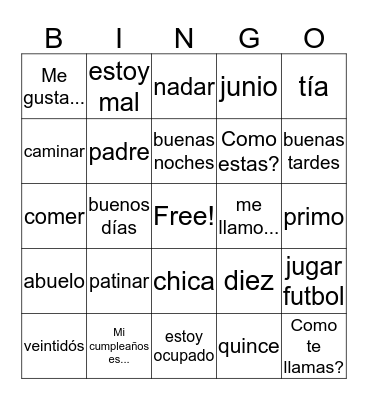 Spanish Bingo Card