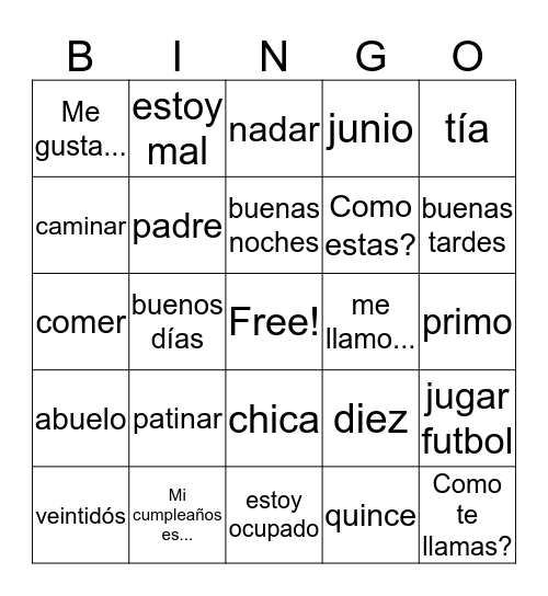 Spanish Bingo Card