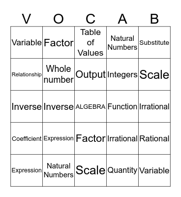 Algebra 1 Vocabulary Bingo Card