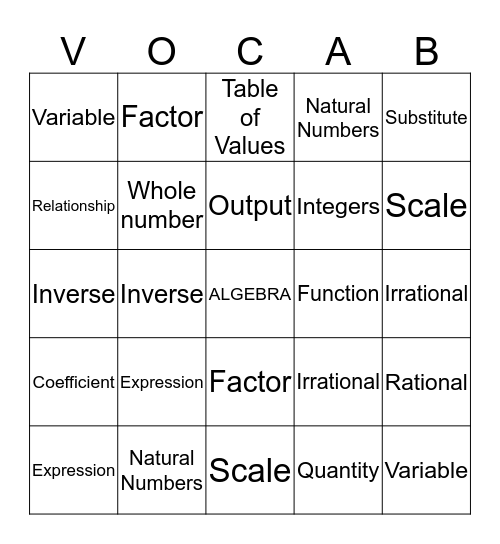 Algebra 1 Vocabulary Bingo Card