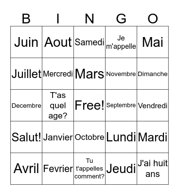 The Months Bingo Card