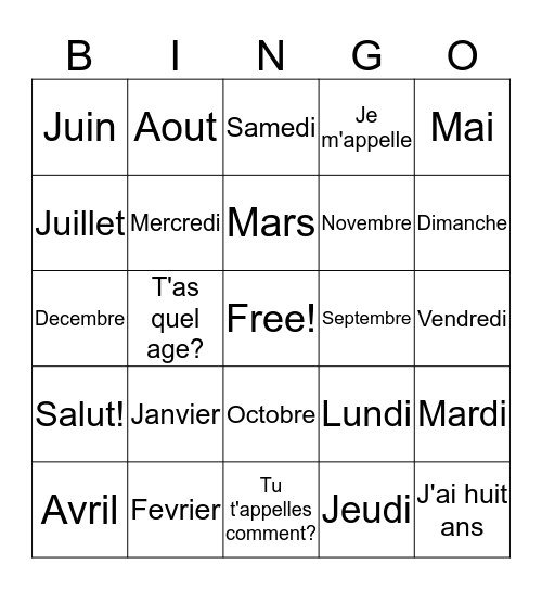 The Months Bingo Card