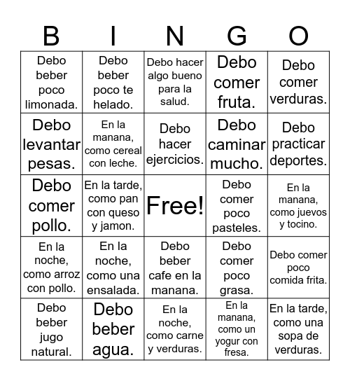 Una vida sana Bingo Card