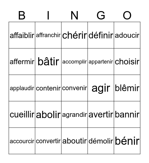 -ir verbs (abolir to démolir) Bingo Card
