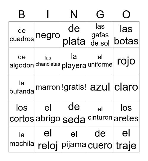 La Ropa Bingo Card