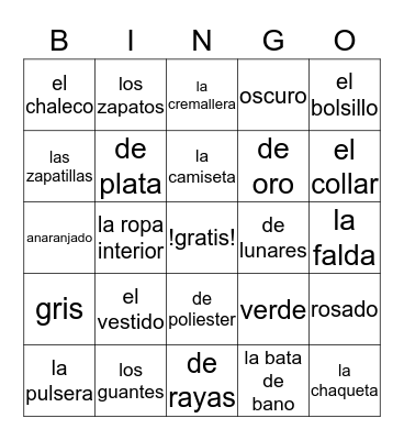 La Ropa Bingo Card