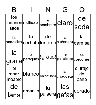 La Ropa Bingo Card