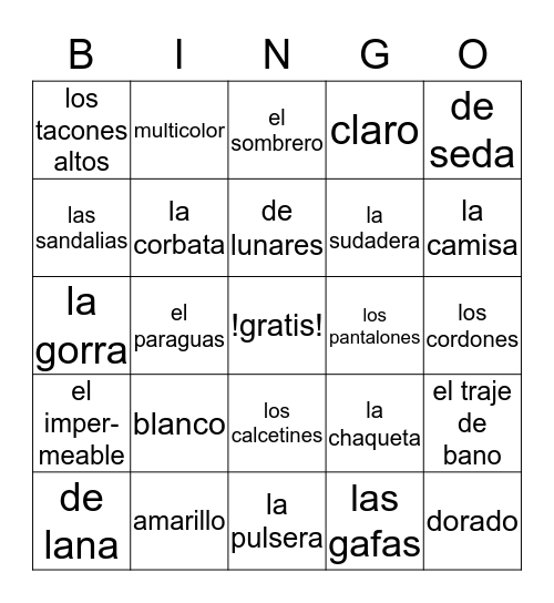 La Ropa Bingo Card