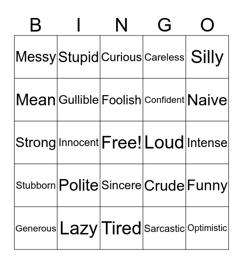PERSONALITIES Bingo Card