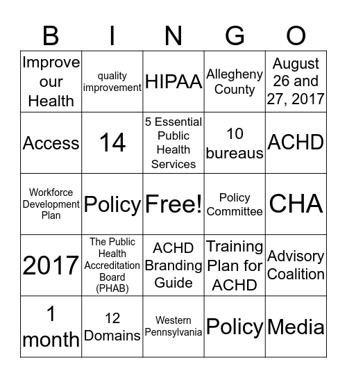 ACHD Accreditation BINGO Card