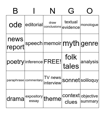 TYPES OF TEXTS AND GENERAL TERMS Bingo Card