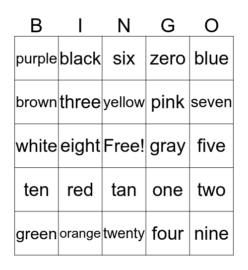 Color and Number Bingo Card