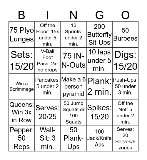 Volleyball & Conditioning Bingo Card