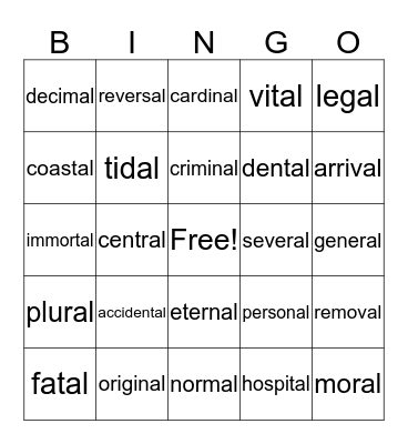 -al -ic Bingo Card