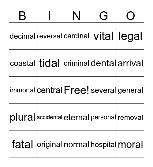 -al -ic Bingo Card