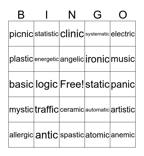 -al -ic Bingo Card