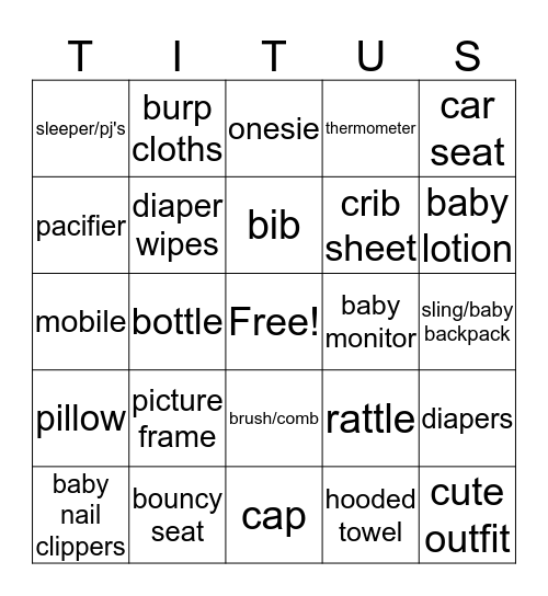WELCOME BABY Bingo Card