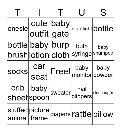 WELCOME BABY Bingo Card