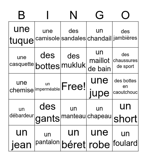 Seasonal Clothing Bingo Card