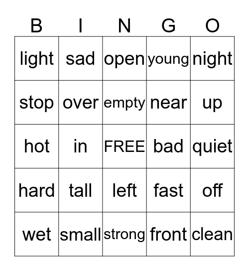 Antonyms Bingo Card