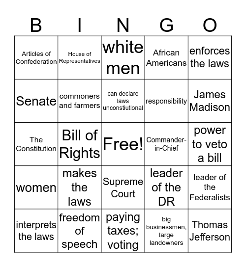 Bill of Rights Bingo Card