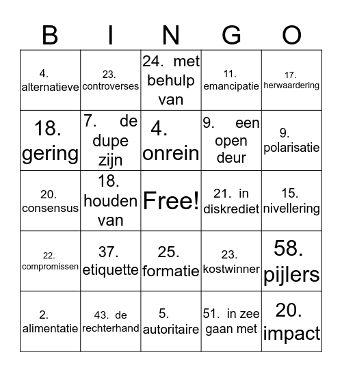 hoofdstuk 3 voor 2 havo woordenschat Bingo Card