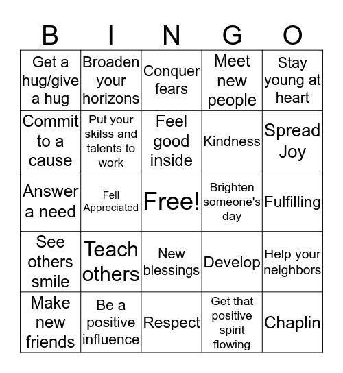 Reasons to be a People's Hospice Volunteer Bingo Card