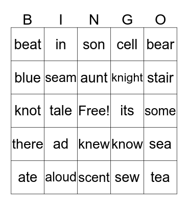 Homophone Bingo Card