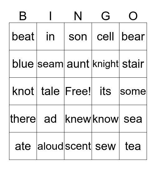 Homophone Bingo Card