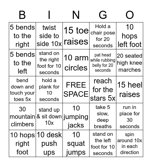 Classroom Movement Bingo Card