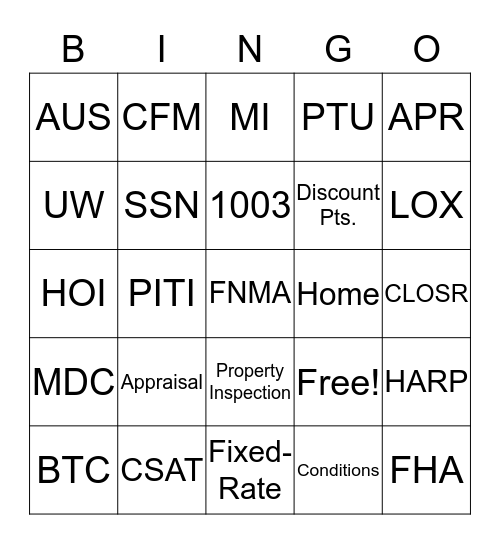 MORTGAGE BINGO Card