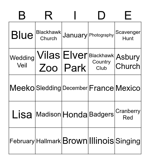Emily's Bridal Shower Bingo! Bingo Card