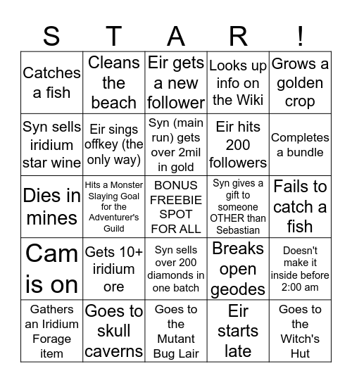 Eirene's Stardew Valley Bingo Card