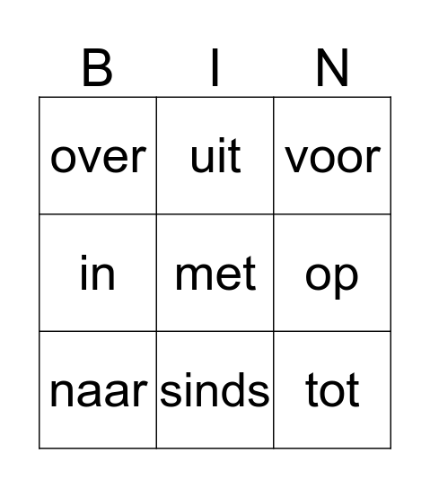 Voorzetsel Bingo Card