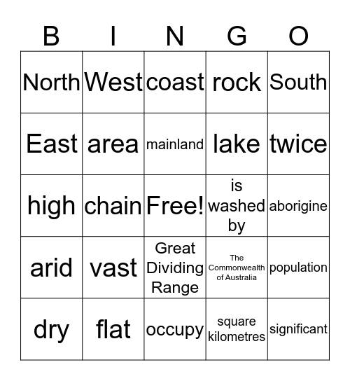 Bingo Australia Bingo Card