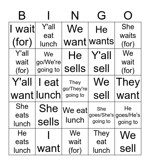 Conjugation Review Bingo Card