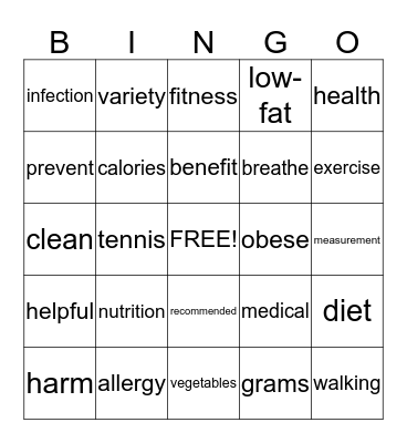 Keeping Healthy Bingo Card