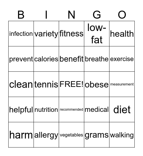 Keeping Healthy Bingo Card