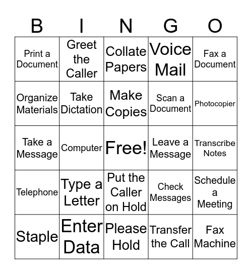 Office Skills Bingo Card