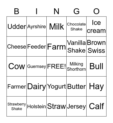 Dairy Bingo Card