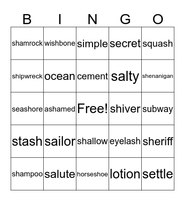 S/SH Vocabulary Bingo Card