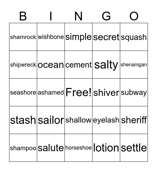 S/SH Vocabulary Bingo Card