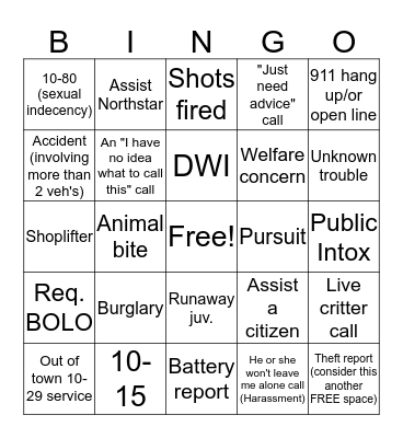 Officer Blotter Bingo #2 Bingo Card