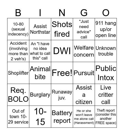 Officer Blotter Bingo #2 Bingo Card