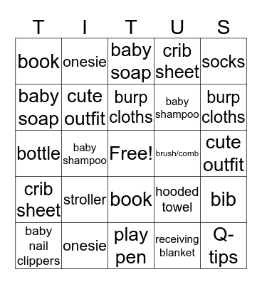 WELCOME BABY Bingo Card
